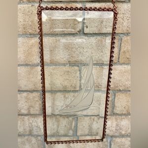Vintage Hanging Etched Glass Copper Chain Nautical Sailboat Picture
